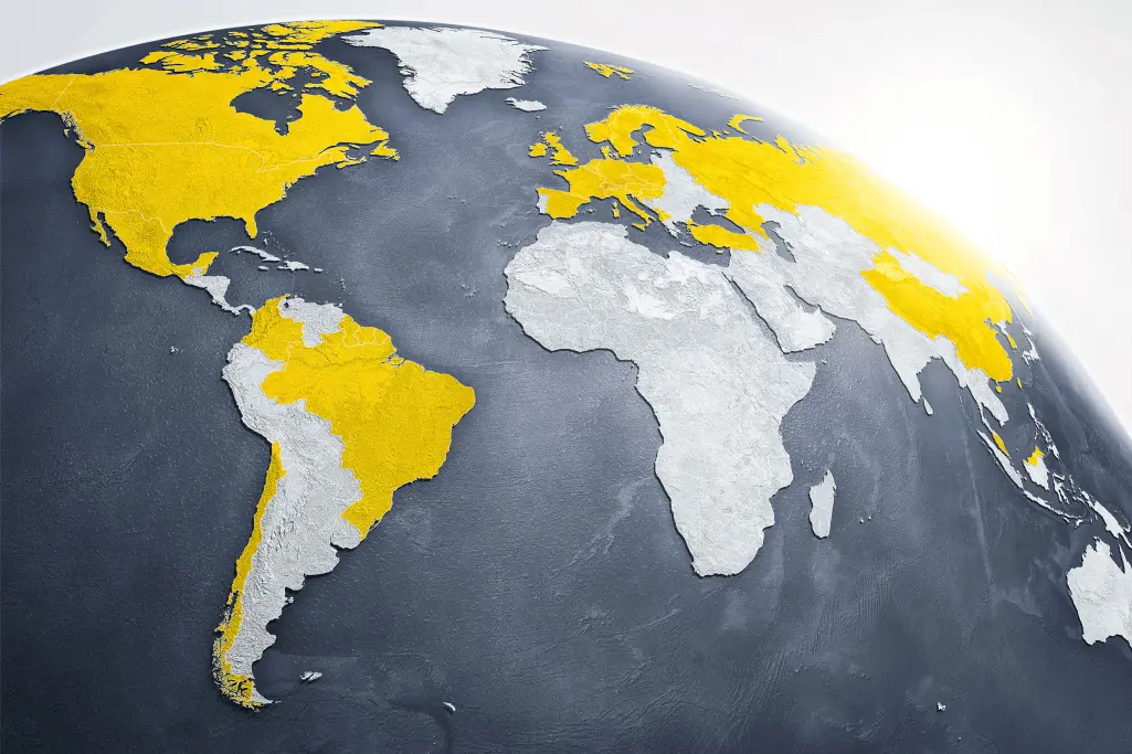 Siva zemaljska kugla sa žutim Sto predstavništvima/podružnicama.